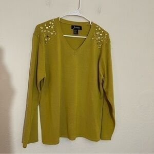 Jenny Acrylic Long Sleeve V-Neck Embellished Beaded Sweater XL Mustard Yellow